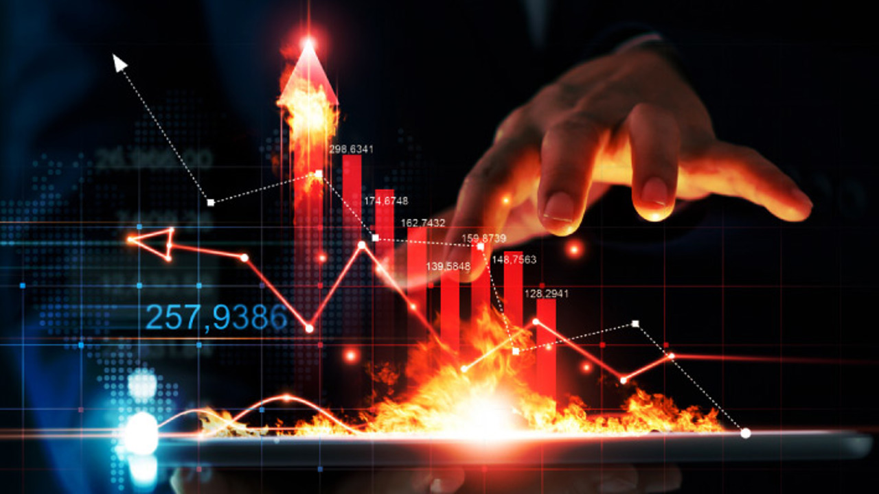 Business growth. Businessman holding tablet and a hot of fire glowing upright arrow with analysing data and economic growth graph. Strategy. 